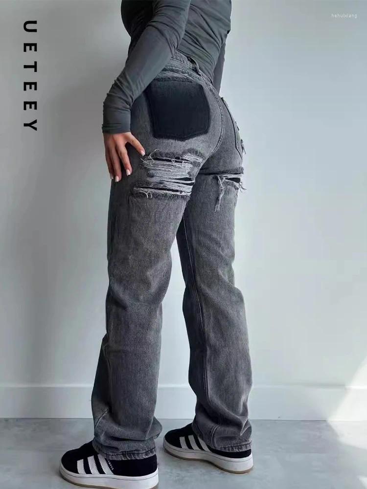 Streetwear Low Waisted Blue Straight Jeans For Women, Vintage Hole Loose Denim Pants