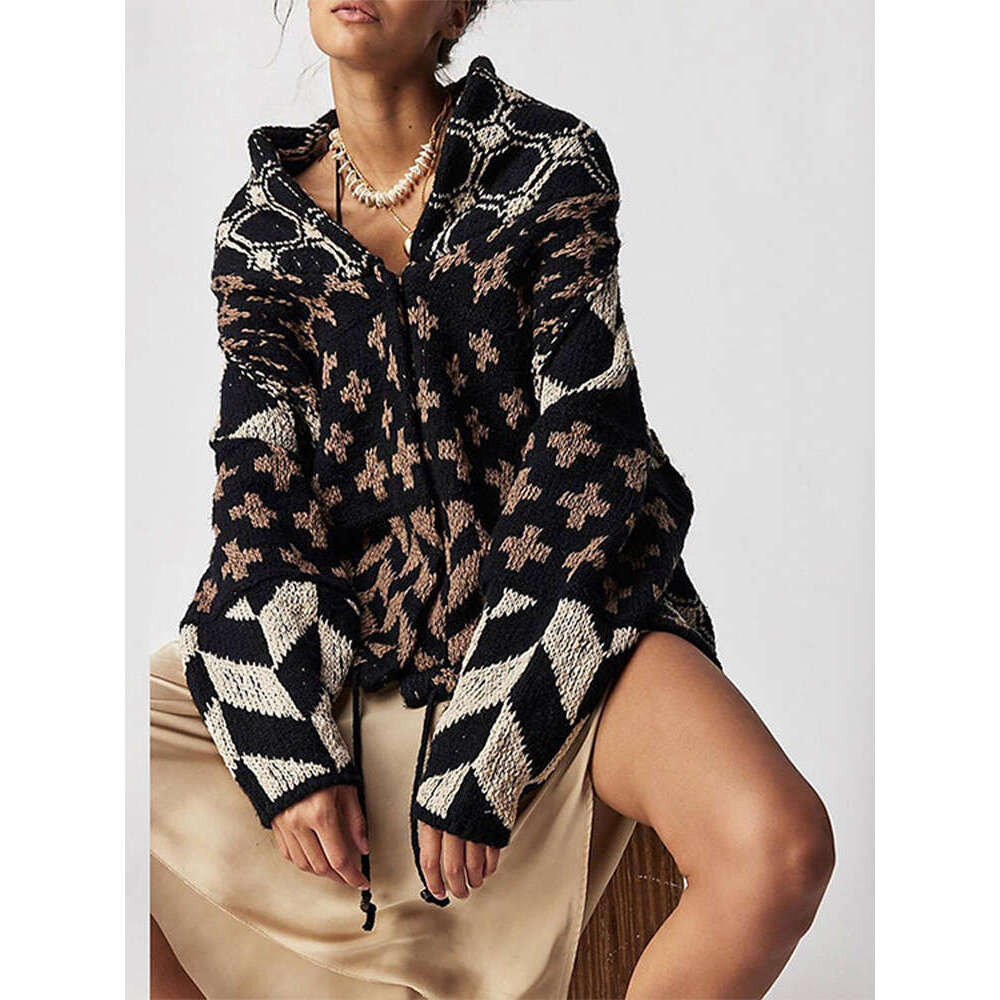 Women Print Knit Sweater Vintage Loose V-Neck Long Sleeve Cardigan Female Single-Breasted Jacket 2024 Autumn New Lady Outwears