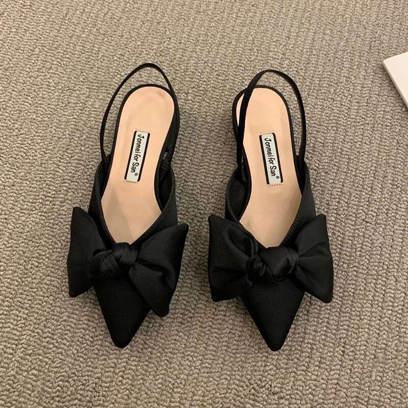 Women's Fashion Pointed Toe Bowknot Sgbac Pumps Plaid Polka Dots Heels Slip-on Small Heel Sandals Casual Thin Shoes