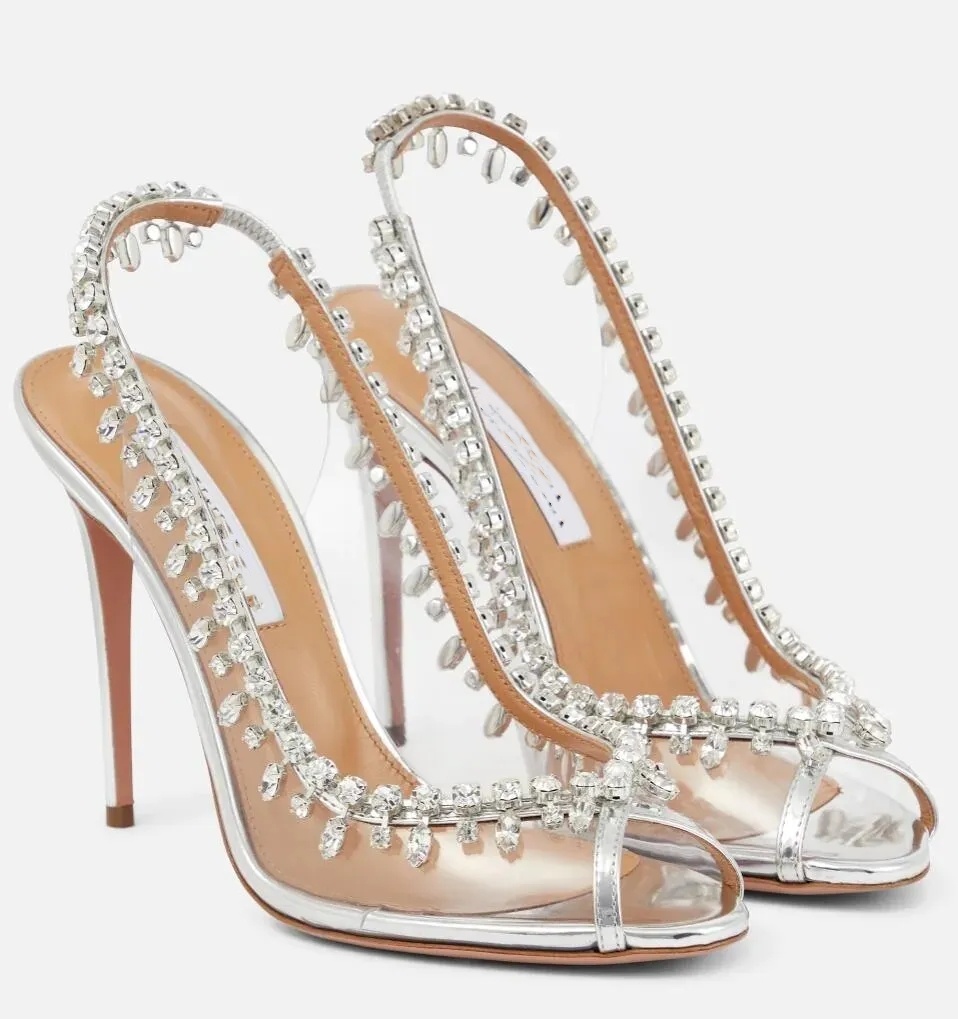 Luxury Women Temptation Sandals Shoes Crystal-embellished High Heels Leather & PVC Lady Open Toe Sexy Dress Party Slingback