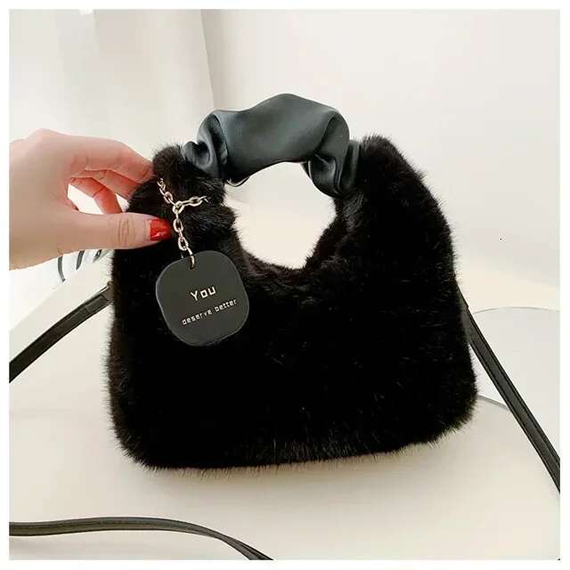 Faux Fur Plush Handbags Ruched Handle Small Lady Shoulder Crossbody Bag Casual Tote Half-Moon Hobos Winter Bags for Women