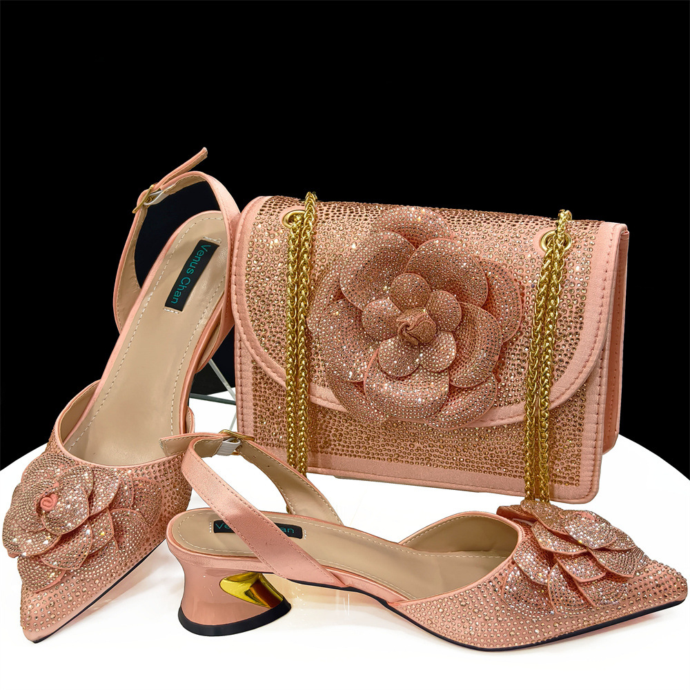 Pointed high heels paired with square shoulder bag with floral decoration for women's shoe bag set