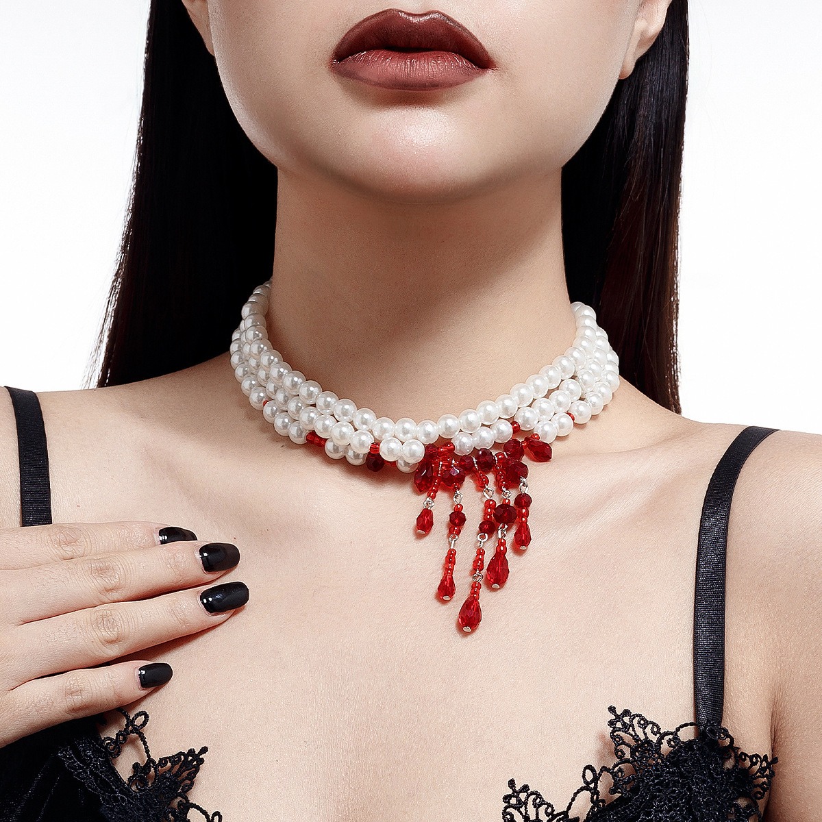 European and American Cross-border Jewelry Gothic Style Pearl Necklace Choker Halloween Blood Drop Tassel Crystal Collarbone Chain