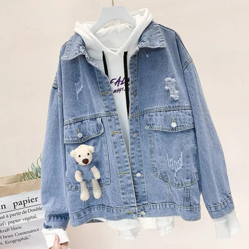 Plus Size Women's Loose Cotton Denim Jacket Section Fashion Embroidery Pattern Lapel Blue winter Denim Coat Woman XL 201023