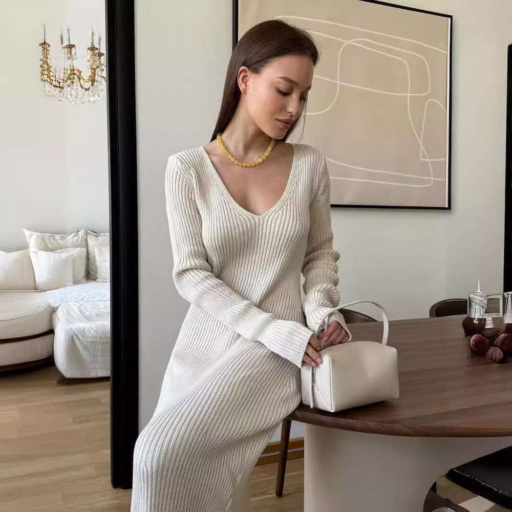 Elegant Black Knitted Maxi Dress Solid Long Sleeve Plunging V Neck Women Fall Winter Sweater Bodycon Jumper Dresses