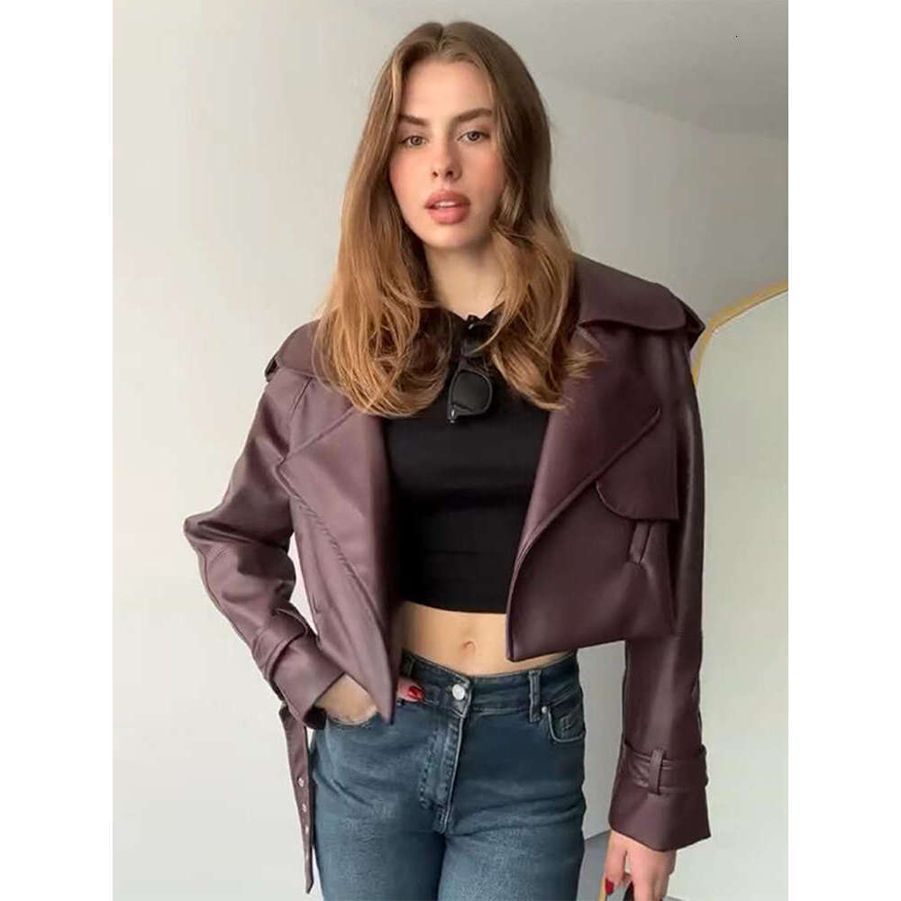 Street Bury Leather Women Lapel Jacket Fashion Solid Casual Long Sleeves Female Jackets 2024 Motorcycle Lady Overcoat