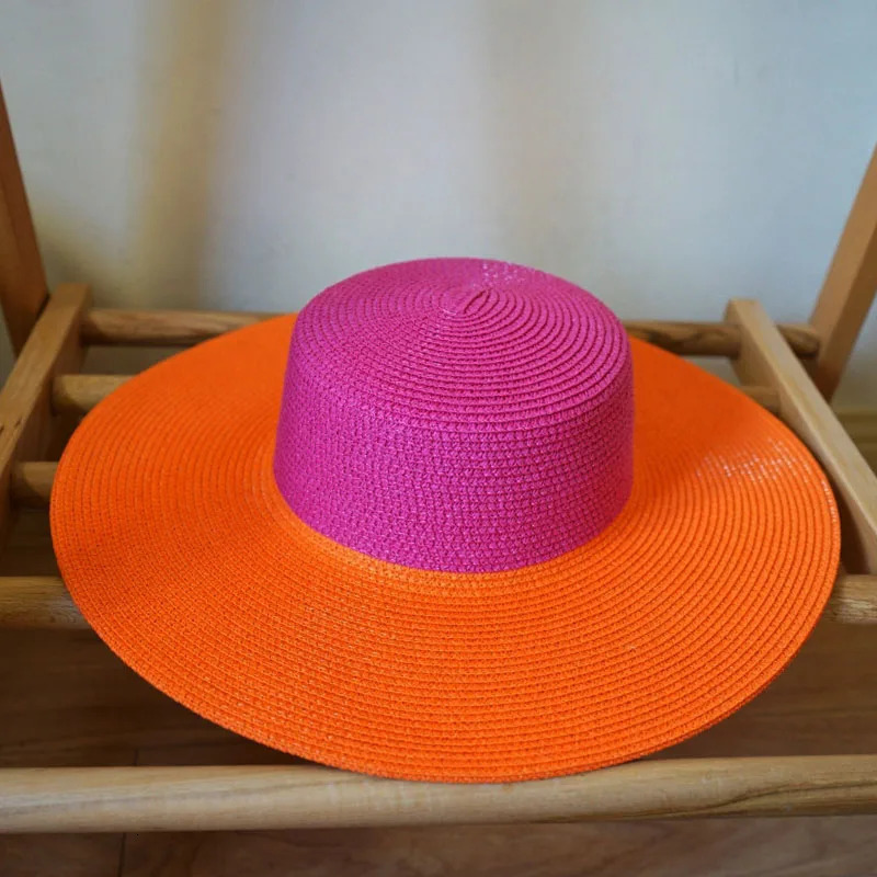 Wide Brim Pink Orange Patchwork Straw Hats Flat Top Boater Hat Ladies Church Wedding Party Hat Derby Vocation Beach Hat 241029