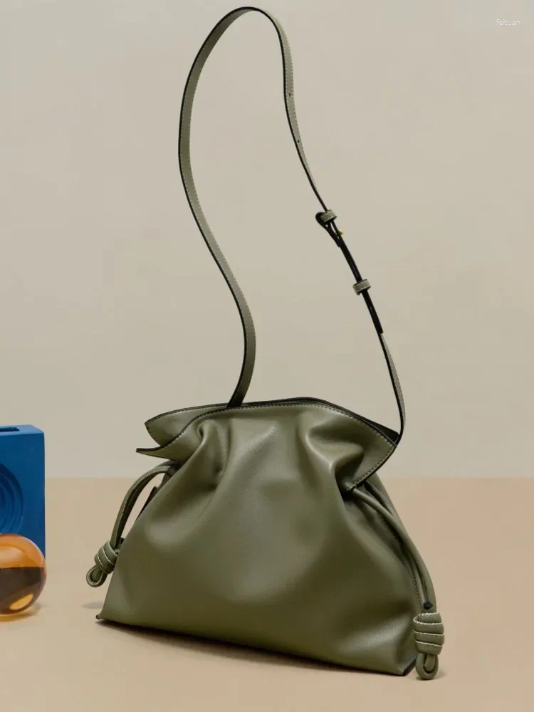 Drawstring Women Casual Large Capacity Bucket Bag Ruffles String Cow Split Leather Shoulder Female Strap Shopping Crossbody Bags Brown 23f1 4