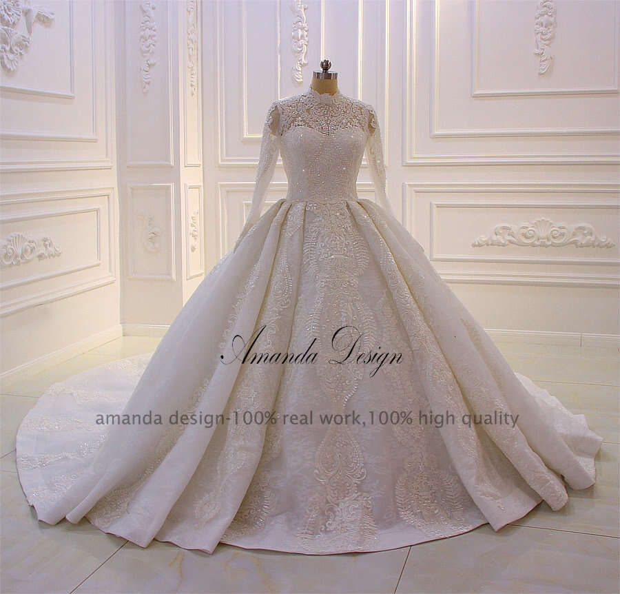 Amanda Design bouquet mariage High Neck Long Sleeve Lace Appliqued Muslim Wedding Dress