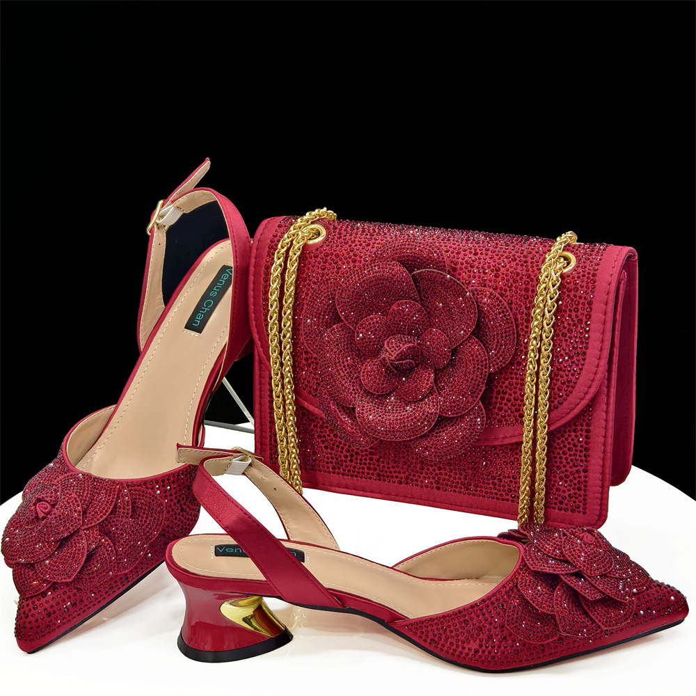 Pointed high heels paired with square shoulder bag with floral decoration for women's shoe bag set