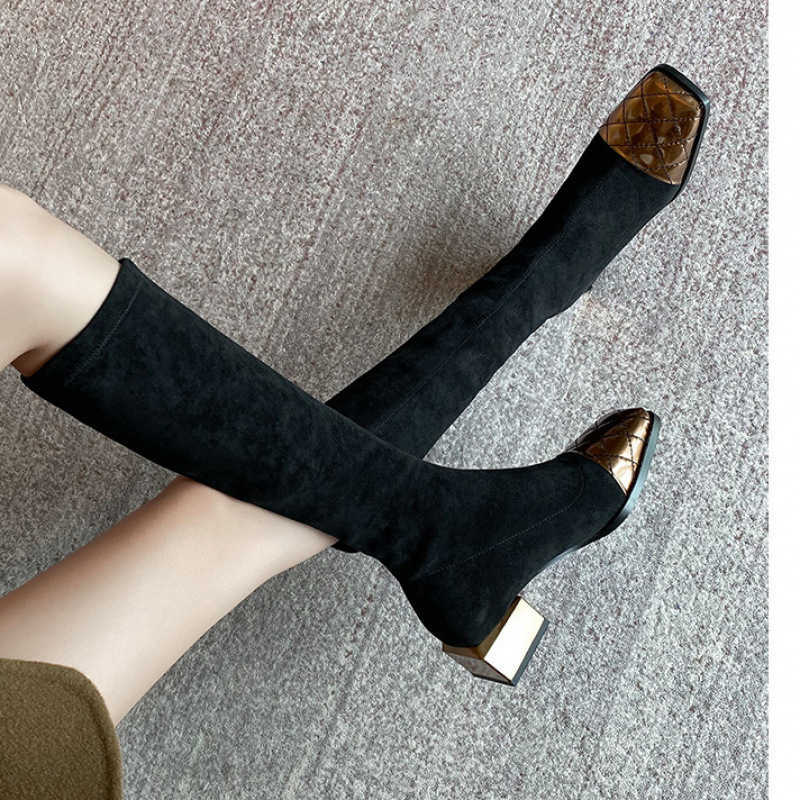 CMM Autumn and Winter Elastic Boots Square Toe High Top Fashion Boots Womens Mid Heel Patchwork Knee Boots Thick Heel Long Boots for Women
