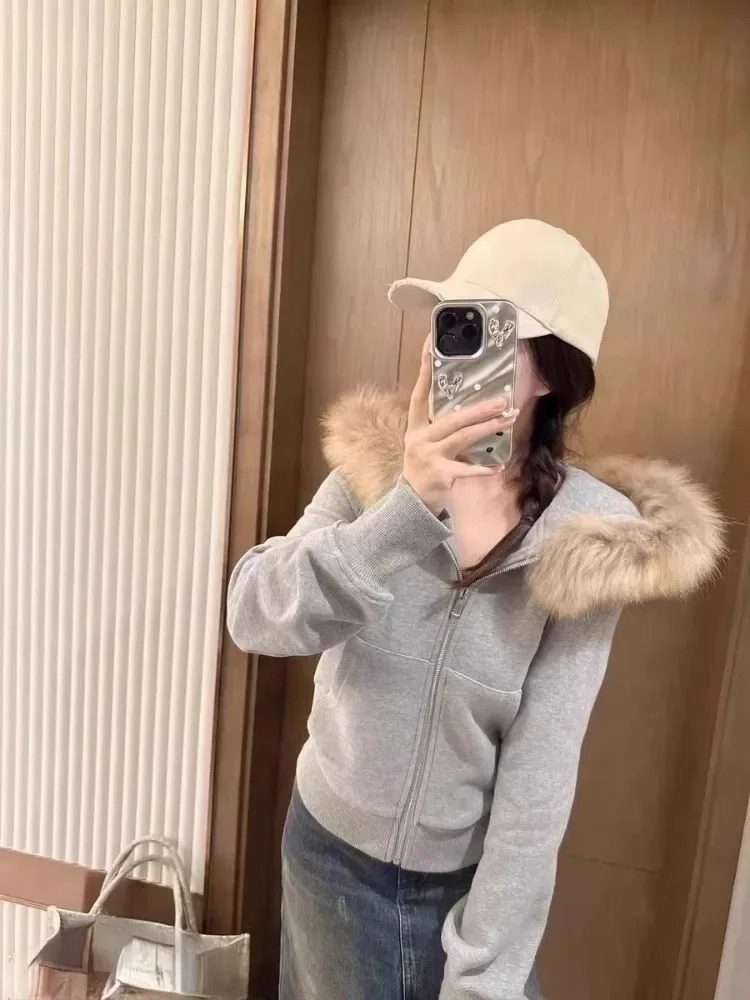 Retro fur patch work hoodie Grunge zipper hoodie womens casual fully matched Korean pocket jacket Y2k aesthetic gray sweatshirt 241025