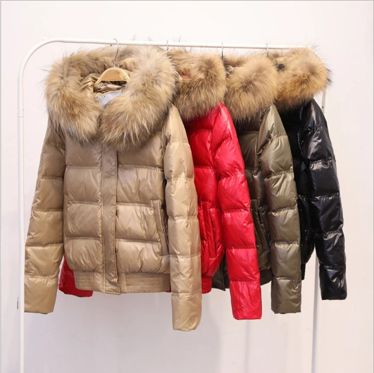 FTLZZ Raccoon fur winter jacket womens long sleeved ultra-thin white duck down park womens hooded pocket jacket 241024