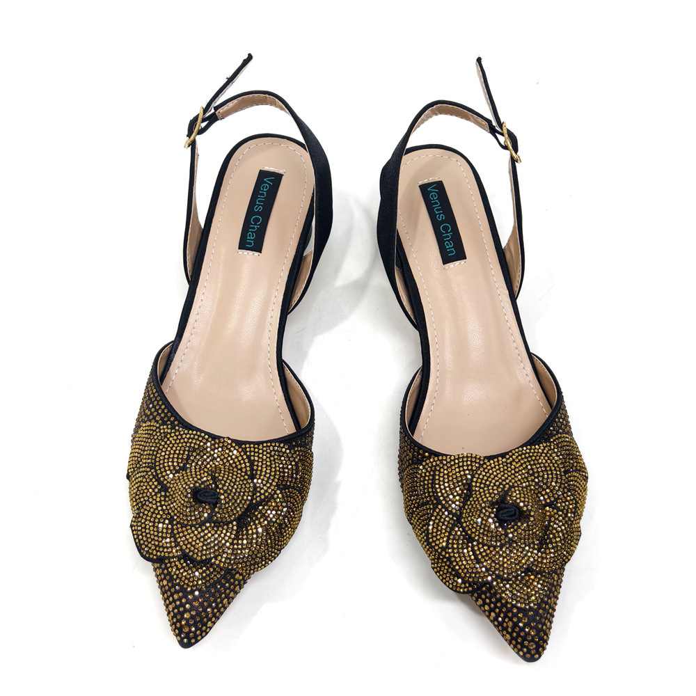 Pointed high heels paired with square shoulder bag with floral decoration for women's shoe bag set