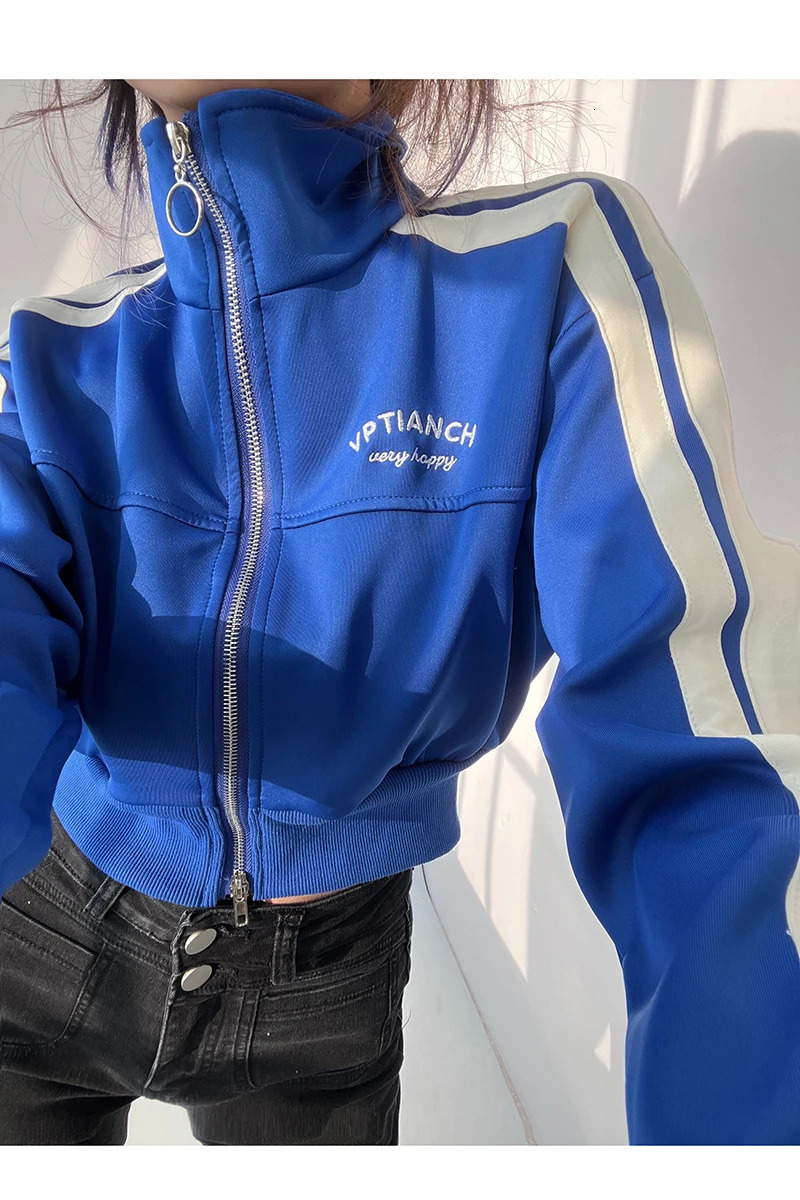 Autumn Double Zipper Baseball Crop Jacket Womens Coat Embroidered Stripe Green Black White Blue Zipper Sports Coat 241030