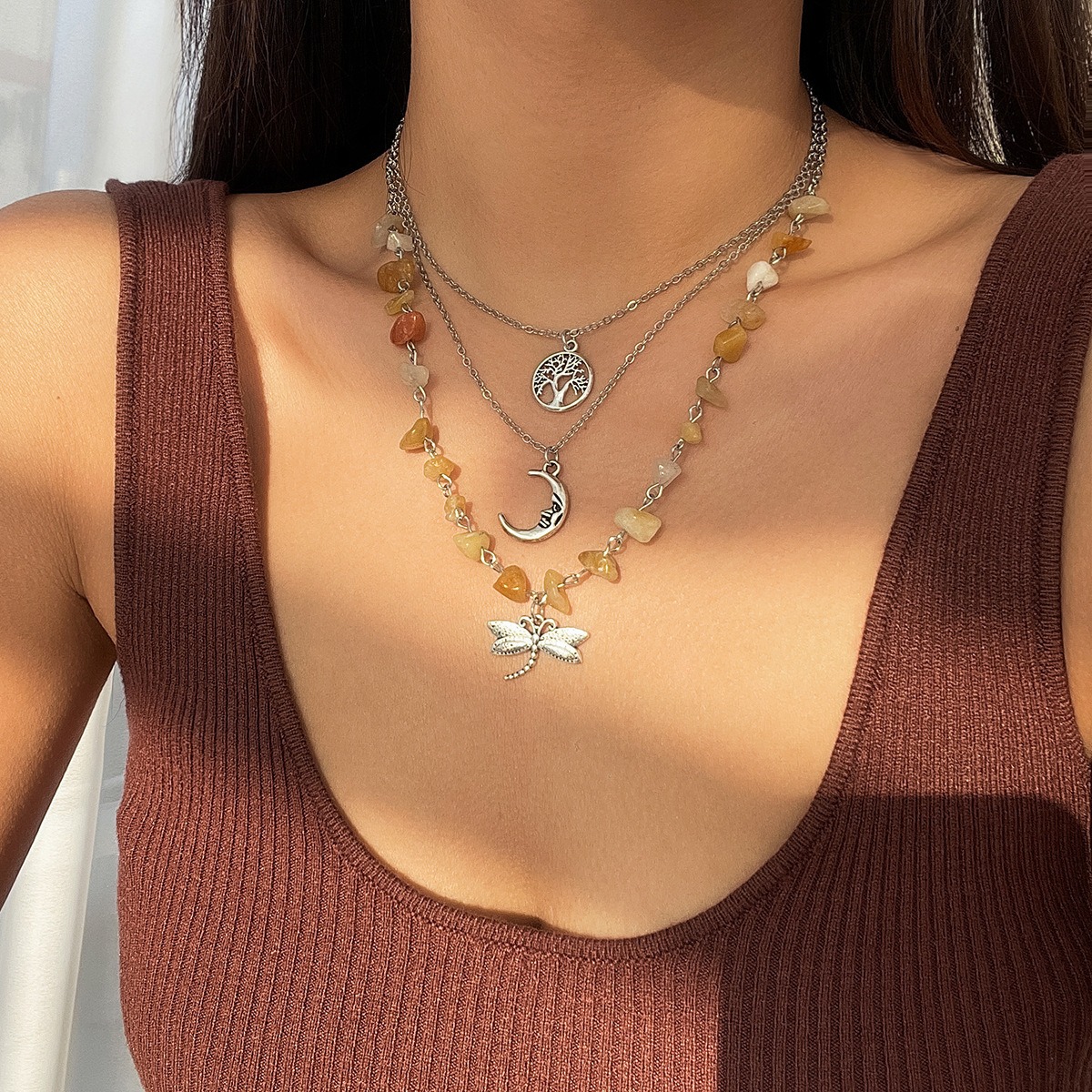 European and American Cross-border Jewelry New Chinese Retro Moon Zircon Necklace Mint Wave Style Green Leaf Sweet and Cool Layered Necklace