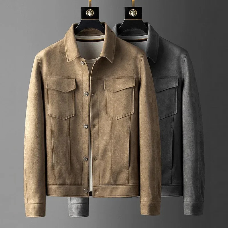 Mens Top Trendy Autumn Winter Slimming Smoothying Lapel Casual Business Light Chamois Leather Fleece Jacket Youth 241024