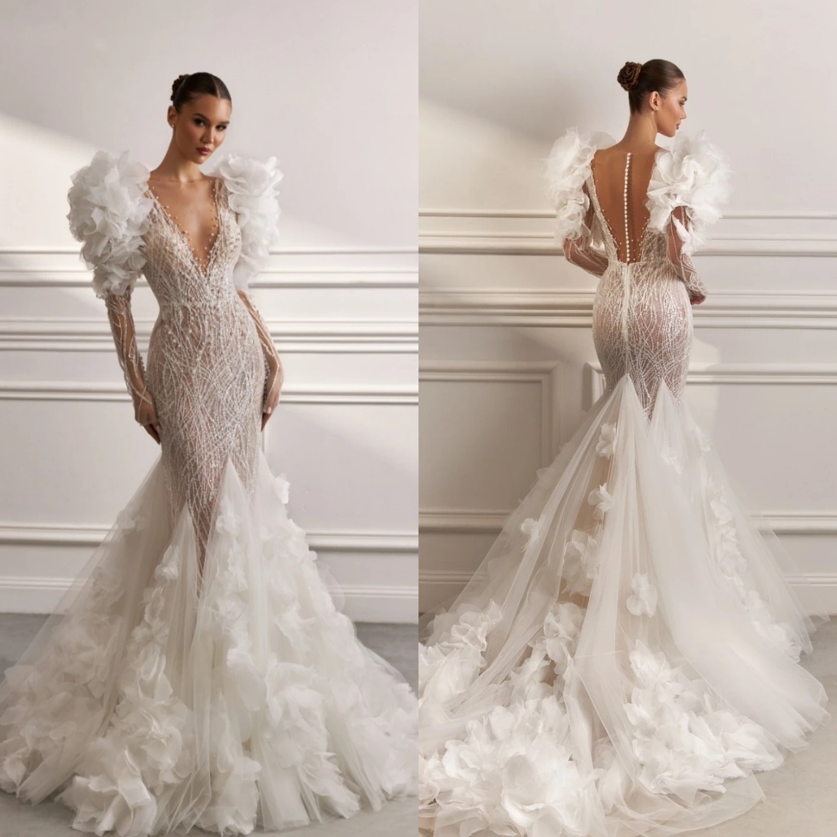 Ful Pearls Wedding Dresses Sequins Deep V Neck Bride Gown Ruffle Train Bridal Dress Illsuion Long Sleeves Custom Made Vestidos De Novia 0218