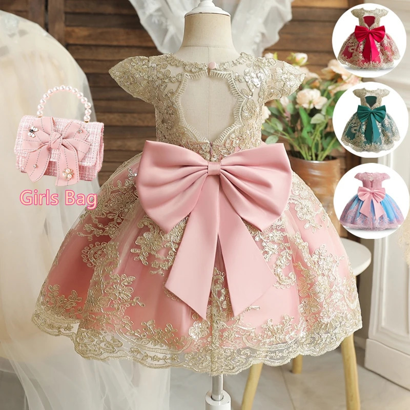 Embroidery Elegant Kids Princess Dresses for Girls y Golden Lace Vintage Children Festival Party Gown Baby Baptism Vestidos 241030