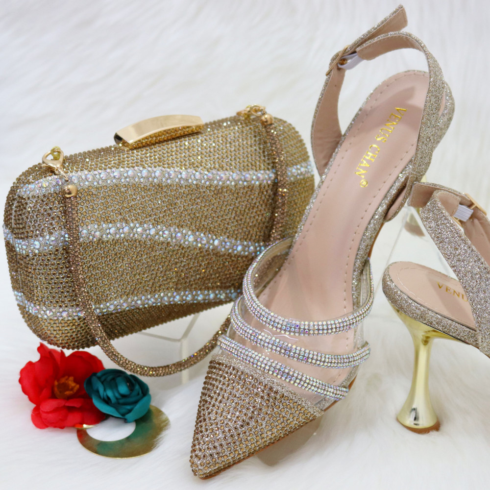 Fashion gold pointed full diamond women's sandals square diamond handbag
