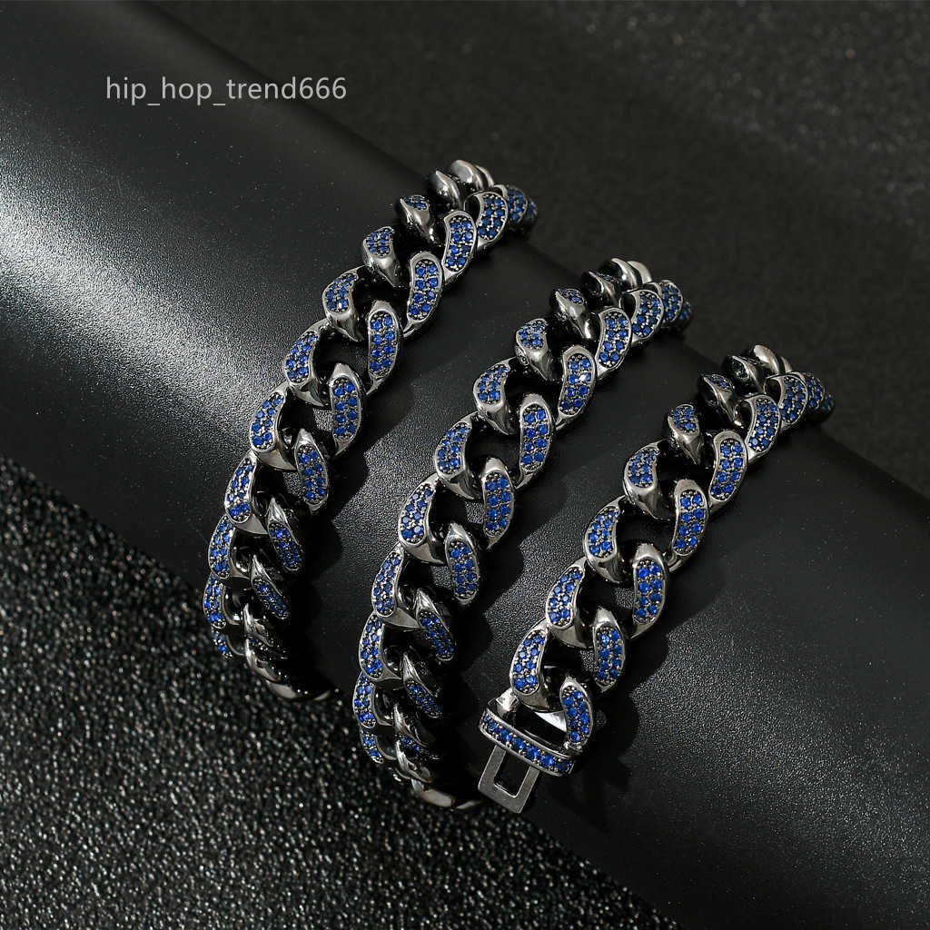Hip-hop whale shark 12mm black plated Cuban blue moissanite full dia men boy iced out necklace chain