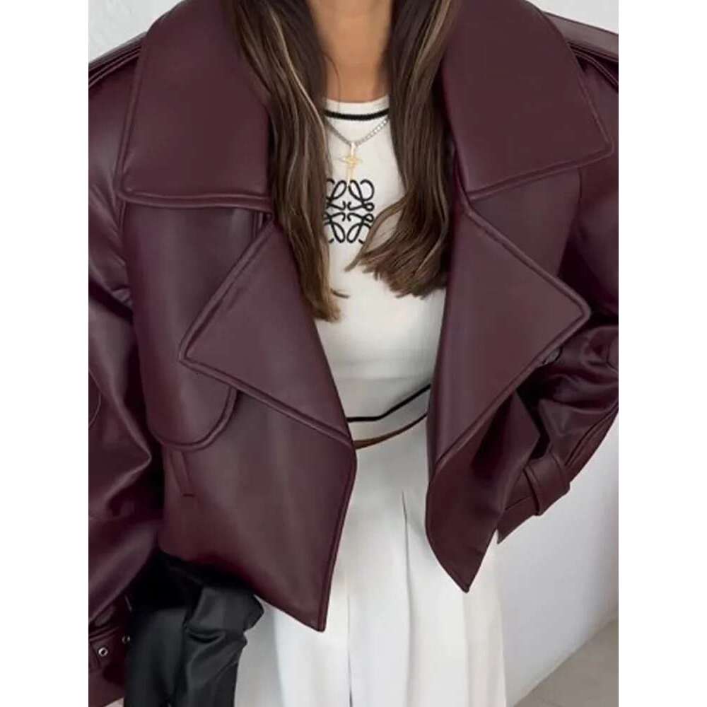 Street Bury Leather Women Lapel Jacket Fashion Solid Casual Long Sleeves Female Jackets 2024 Motorcycle Lady Overcoat