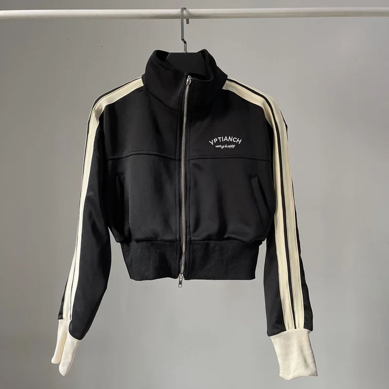 Autumn Double Zipper Baseball Crop Jacket Womens Coat Embroidered Stripe Green Black White Blue Zipper Sports Coat 241030