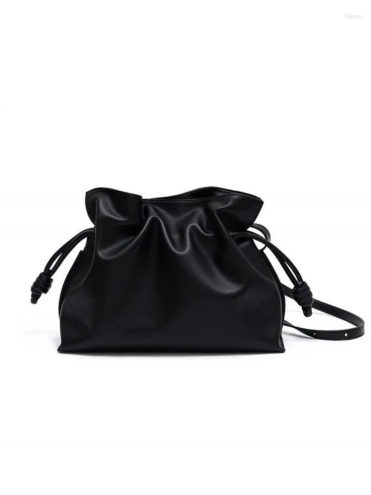 Drawstring Women Casual Large Capacity Bucket Bag Ruffles String Cow Split Leather Shoulder Female Strap Shopping Crossbody Bags Brown 23f1 4