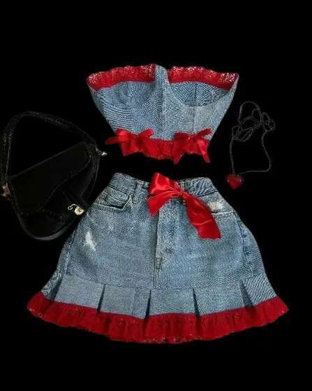 Tank top designer T-shirt cut Y2k holiday party set hip-hop pattern patch camisole denim skirt retro camisole slim fit fashionable short belly top set