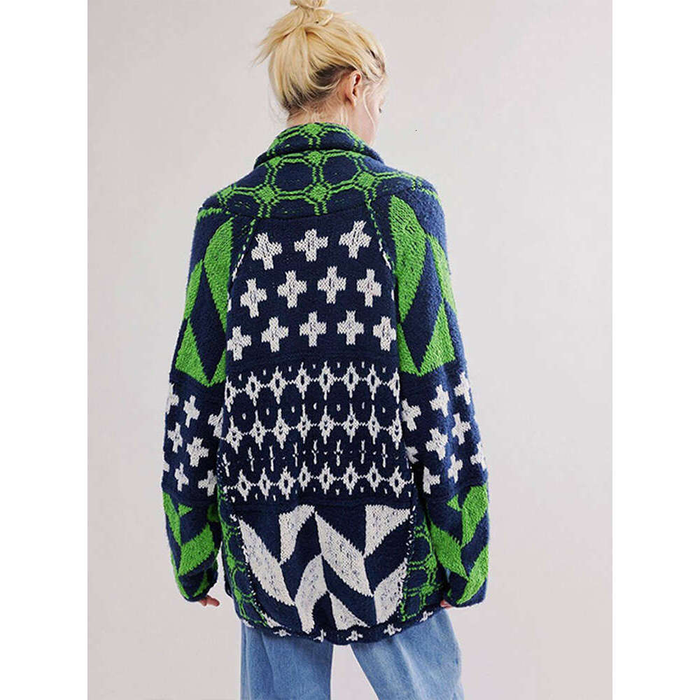 Women Print Knit Sweater Vintage Loose V-Neck Long Sleeve Cardigan Female Single-Breasted Jacket 2024 Autumn New Lady Outwears