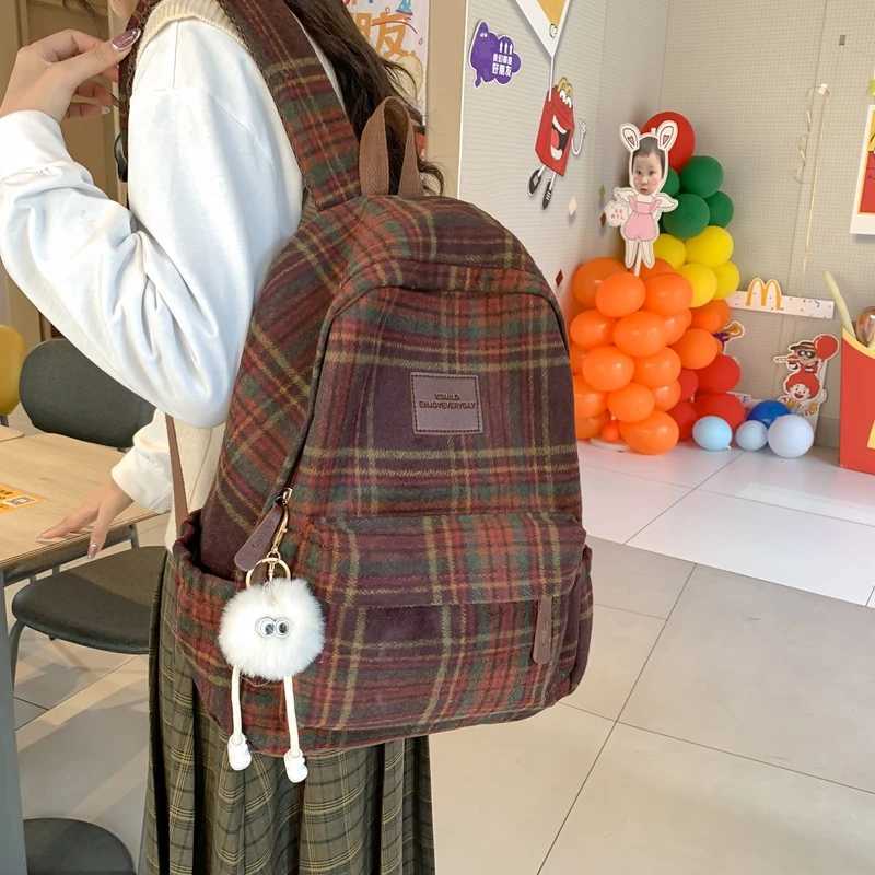 CMM New Fashion Plaid Woollen Women Backpack Student Book Bag Backpacks for Teenage Girls School Bags Large Capacity Travel Rucksack 241030