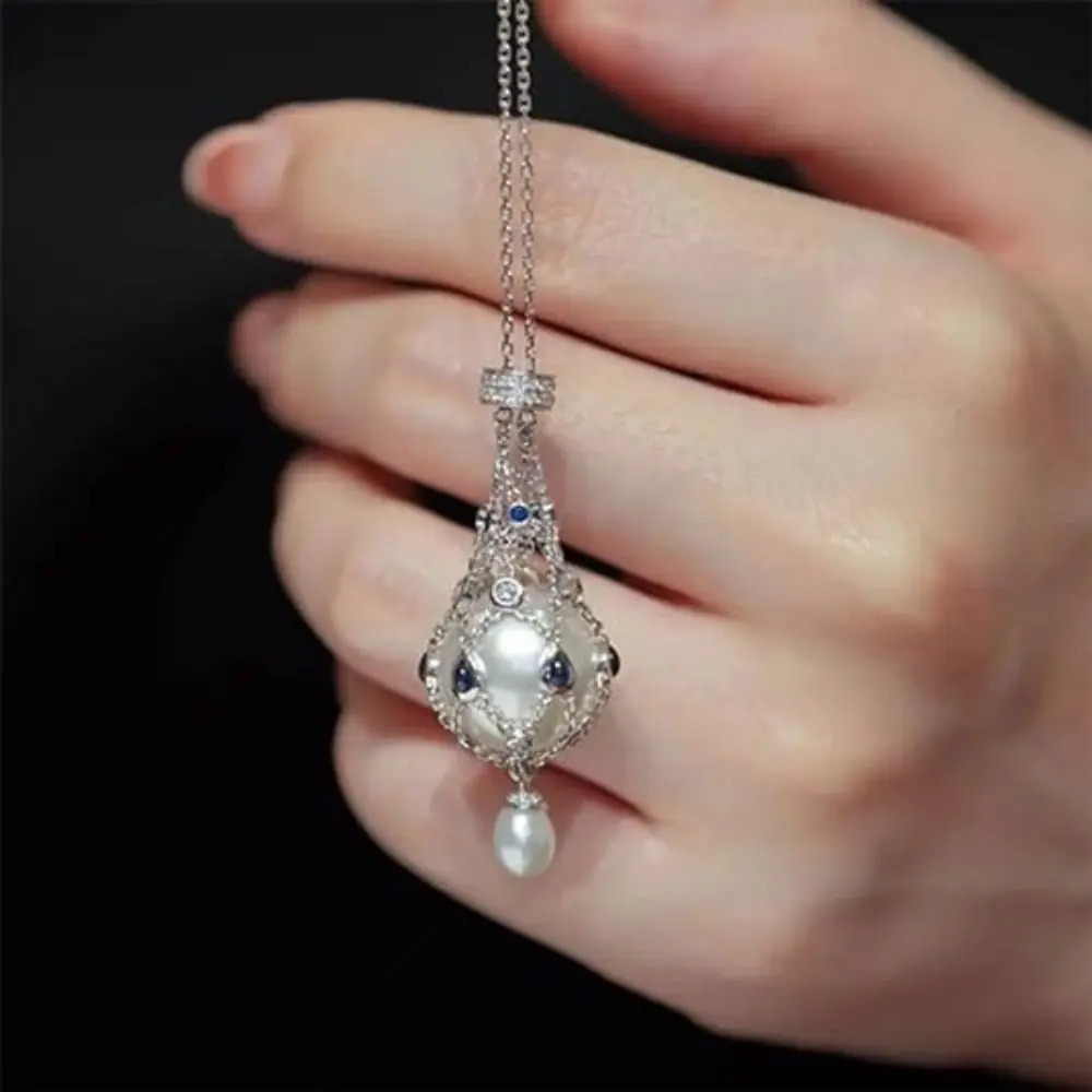 Adjustable pearl gemstone inlaid pendant replaceable metal woven mesh necklace jewelry gift 241030