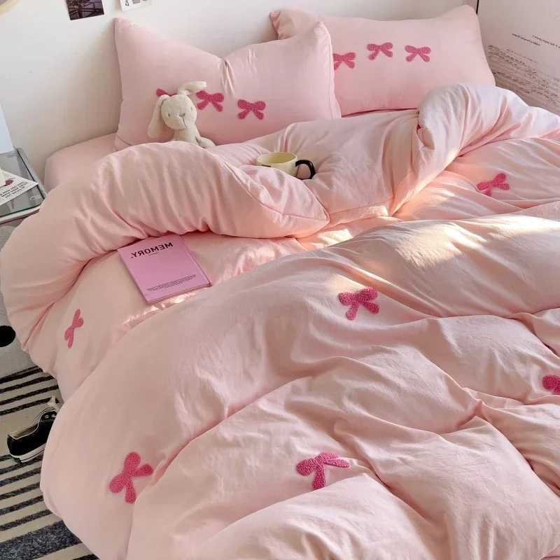 Cute pink bow down duvet cover set 3D embroidered bedding pink bedding set comfortable queen comfortable bedding suitable for girls children and teena