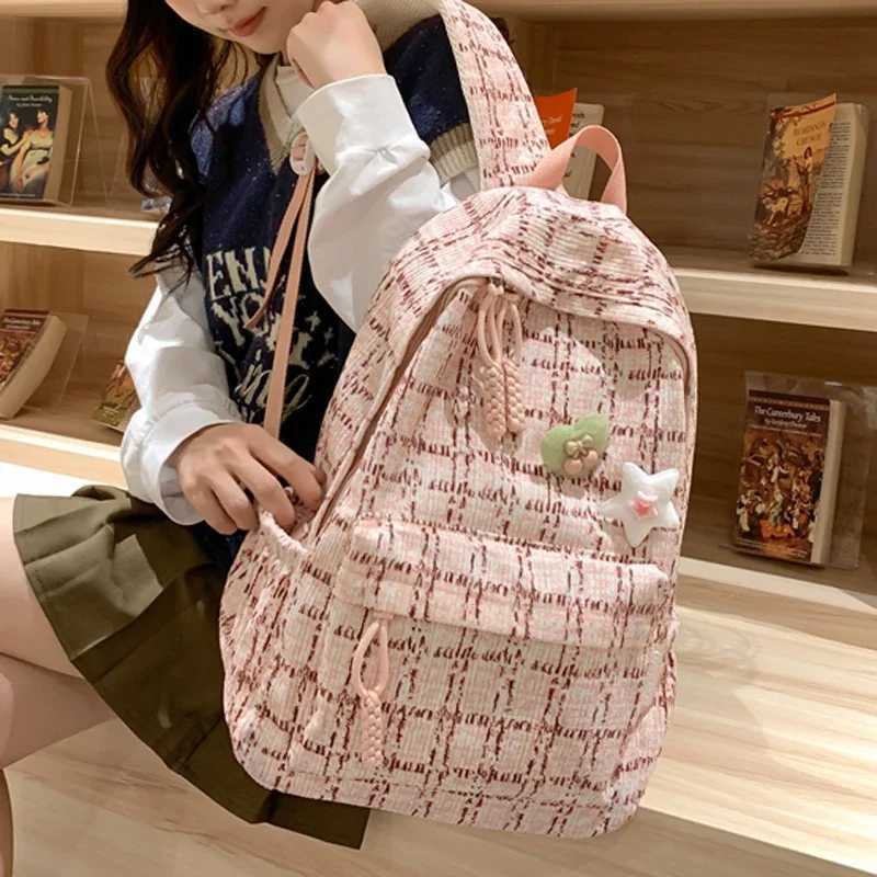 CMM Women Kawaii Pink Teenager Nylon Laptop Lady Cute Book Bag Girl Trendy College Plaid Backpack Fashion Female Travel School Bags 241030