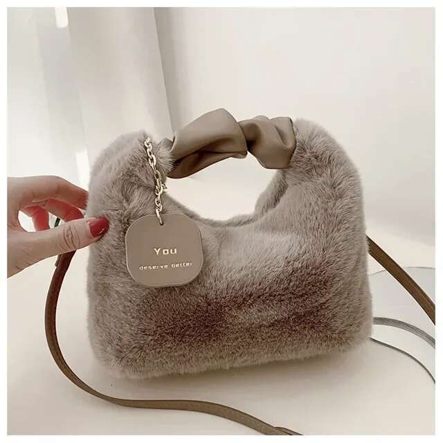 Faux Fur Plush Handbags Ruched Handle Small Lady Shoulder Crossbody Bag Casual Tote Half-Moon Hobos Winter Bags for Women