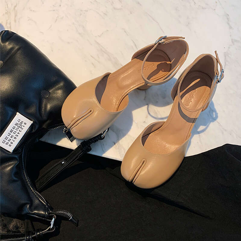 Modern Round High Heel Leather Square Split Toe Pumps Spring Summer Sandals Mary Janes Shoes Heels Women