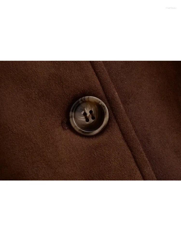 Women's Jackets Fashion Women Belt Suede Jacket Single Button Long Sleeve Crop Coat Casual Brown Lapel Pocket Leather 2024 Outwear