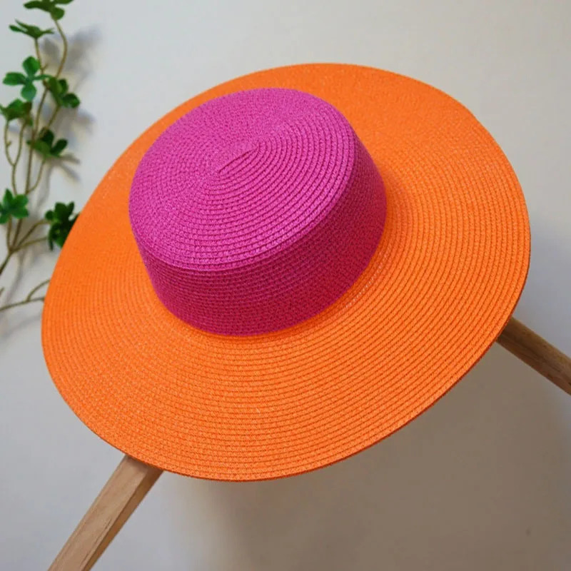 Wide Brim Pink Orange Patchwork Straw Hats Flat Top Boater Hat Ladies Church Wedding Party Hat Derby Vocation Beach Hat 241029