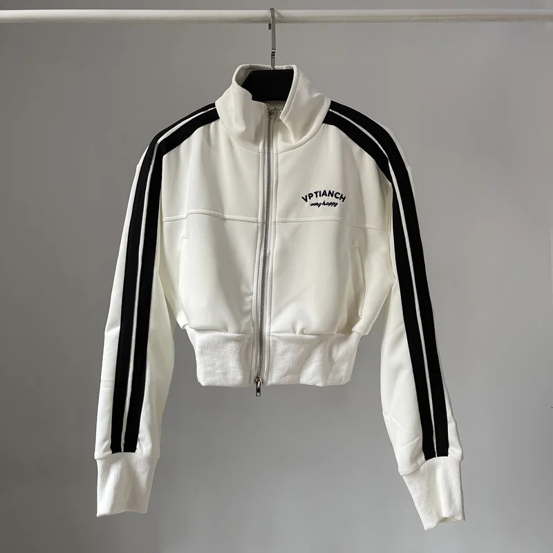 Autumn Double Zipper Baseball Crop Jacket Womens Coat Embroidered Stripe Green Black White Blue Zipper Sports Coat 241030