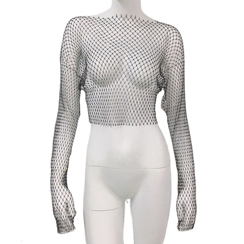 Designer Fashion Women's Round Neck Long Sleeve T-shirt Top Female Sexy Water Diamond Fishing Net Hoodie Interior Bottom Shirt Summer