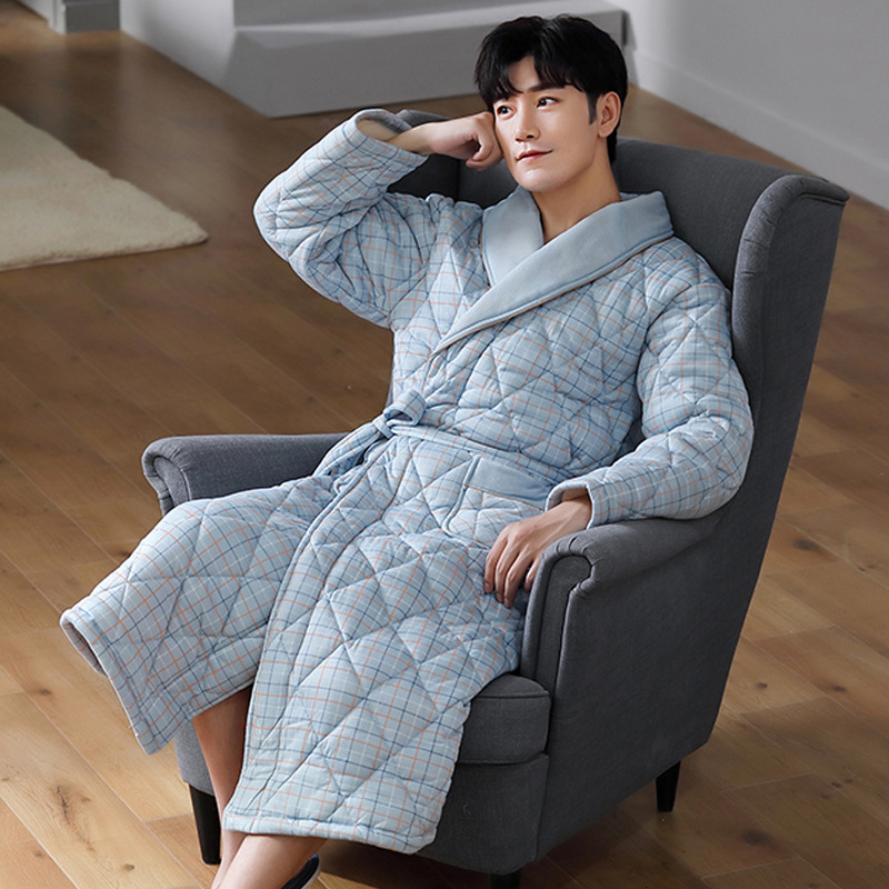 2024 Designer Men's Sleeping Robe Autumn Winter Pure Cotton Three-layer Jacket For Warmth Middle-aged Dad Thick Medium And Long Elderly Bathrobe