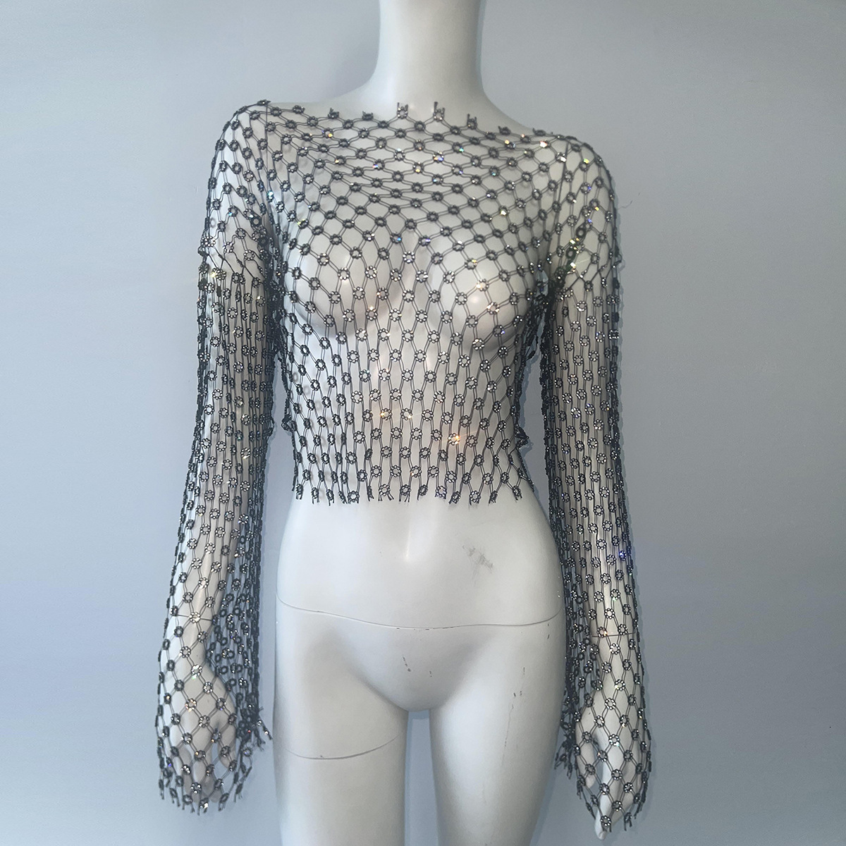 Designer Fashion Women's Round Neck Long Sleeve T-shirt Top Female Sexy Water Diamond Fishing Net Hoodie Interior Bottom Shirt Summer