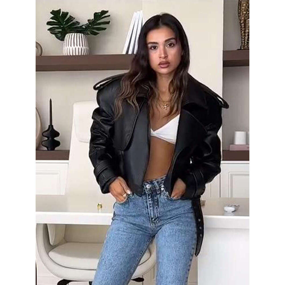 Street Bury Leather Women Lapel Jacket Fashion Solid Casual Long Sleeves Female Jackets 2024 Motorcycle Lady Overcoat