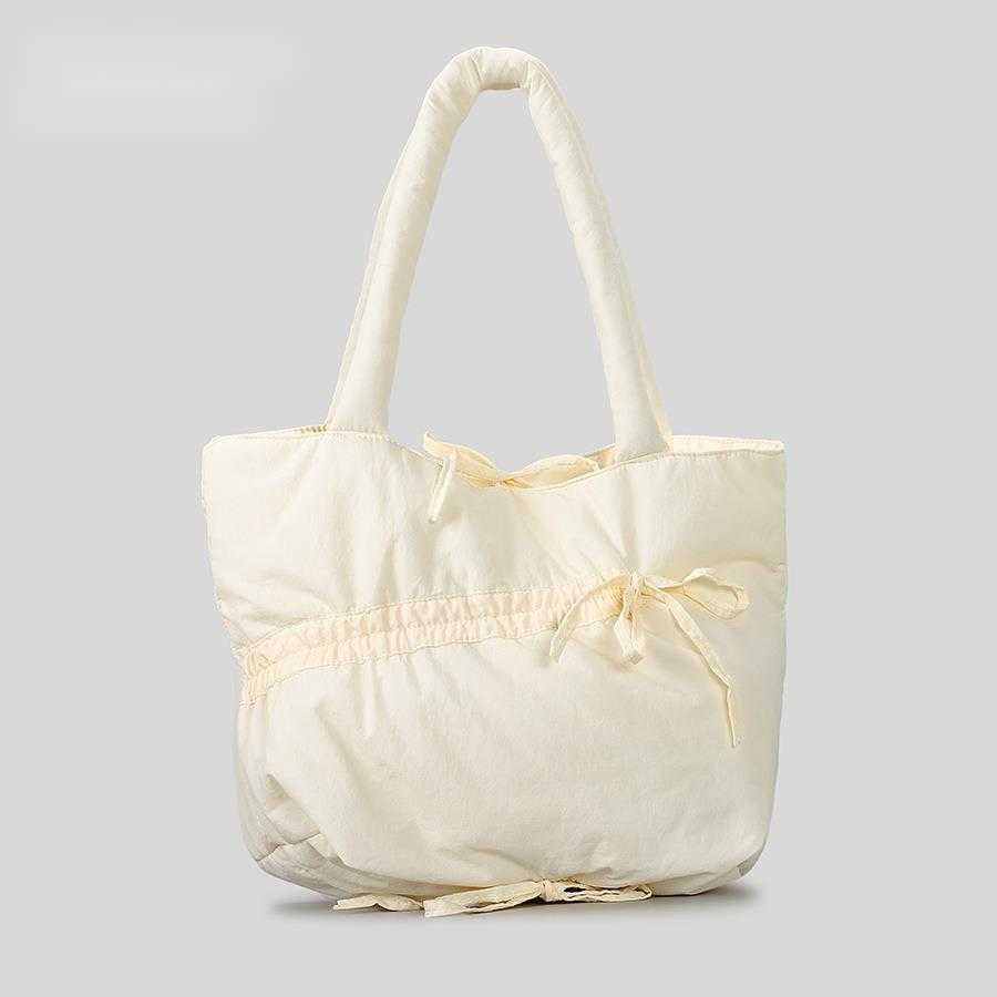 CMM Small design ins fashionable bow fold tote bag drawstring large capacity winter cotton filled bucket bag women 241015