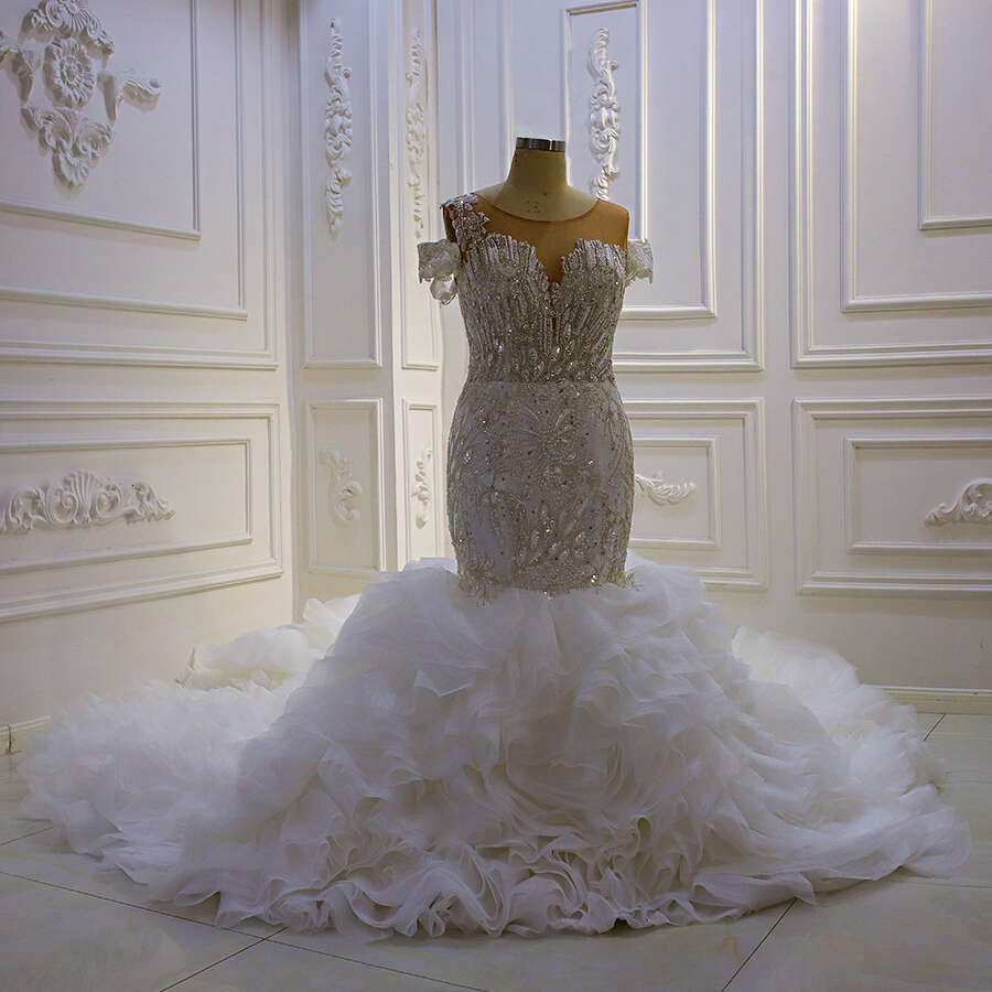 Royal Off The Shoulder Long Sleeve Pearls Mermaid Wedding Dress