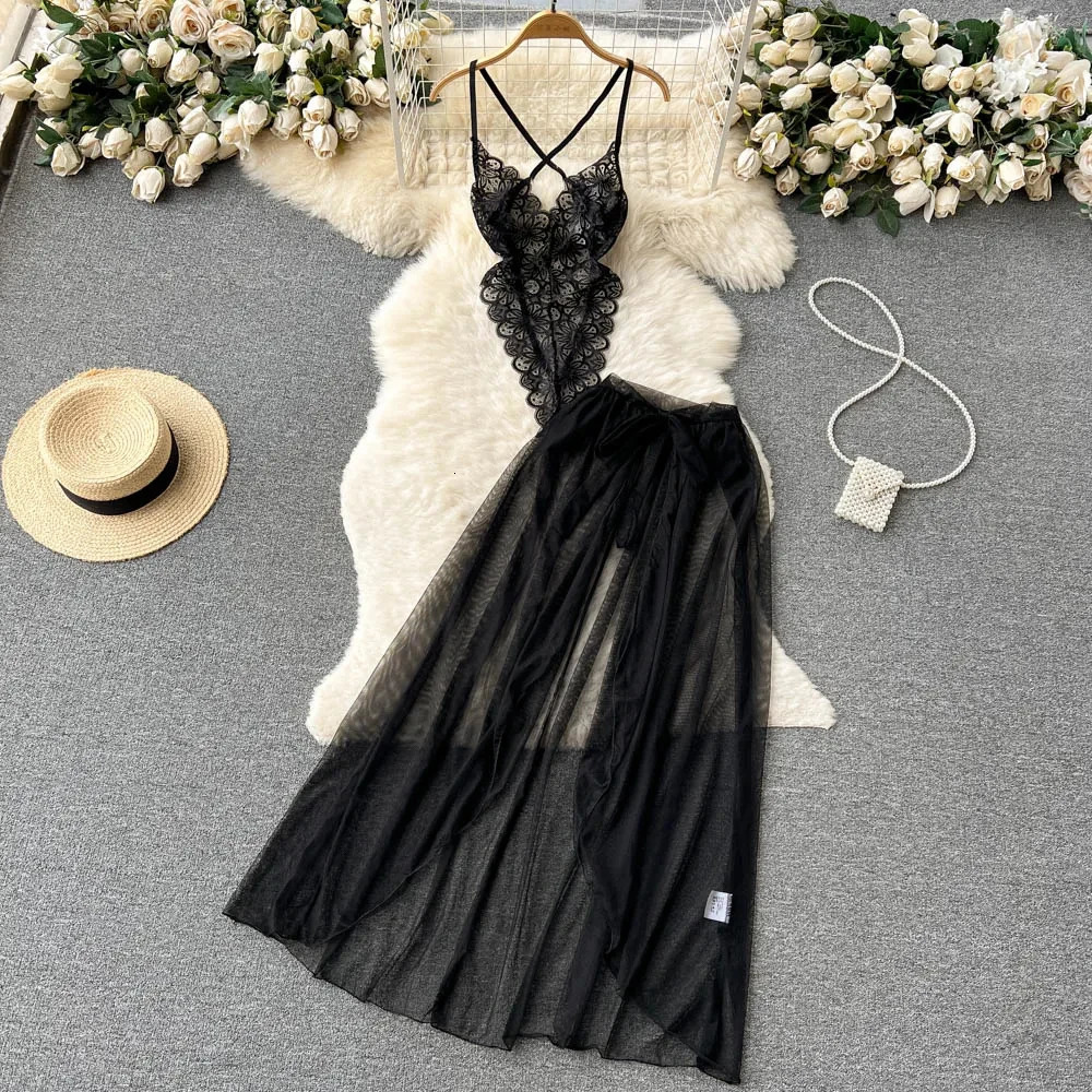 Womens Multicolour Transpar Sexy Charming Flowing Mesh Long Skirt With Girls V-neck Lace Hollowed out Flower Top Two Pieces Set 241031