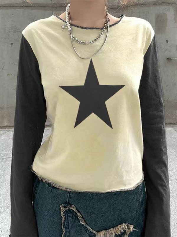 Design sense: 2024 Spring Autumn new sweet and spicy contrasting color lucky star women's T-shirt