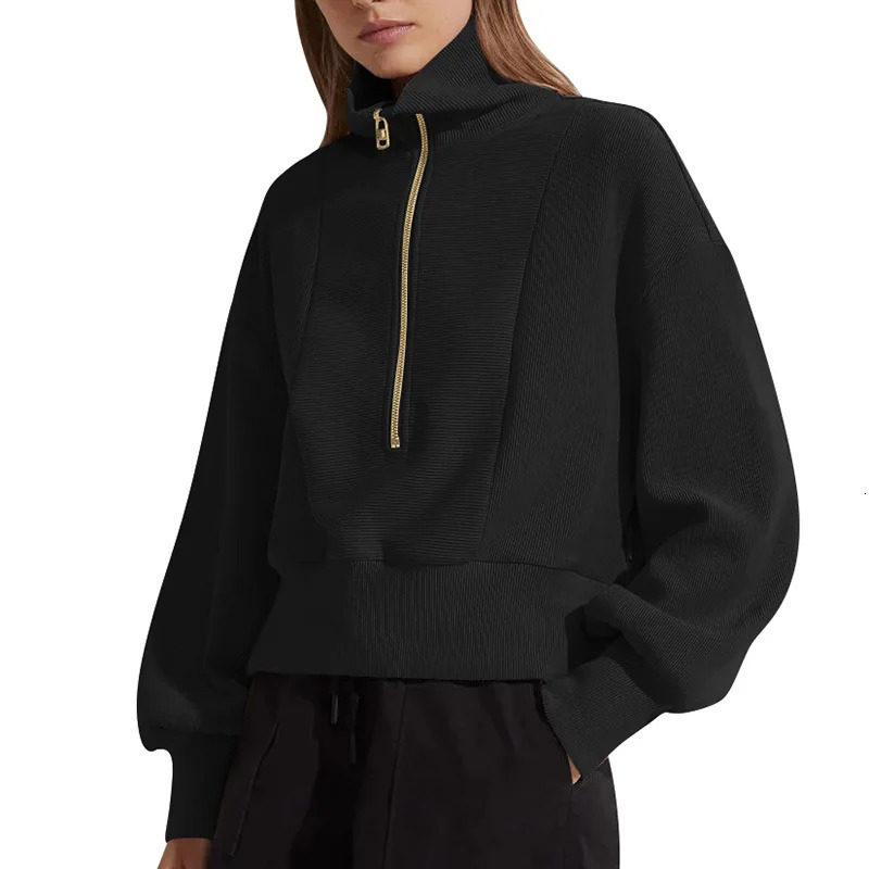 Womens AutumnWinter Solid Color Pit Bar Casual Half Zipper Short Hooded Sweatshirt for Women 241031