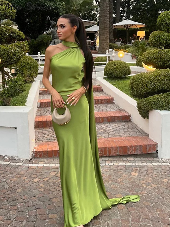 Sexy Satin Ribbon Halter Party Dress Women Elegant Backless Off Shoulder Sleeveless Dresses 2024 Summer Famale Solid Robes 241030