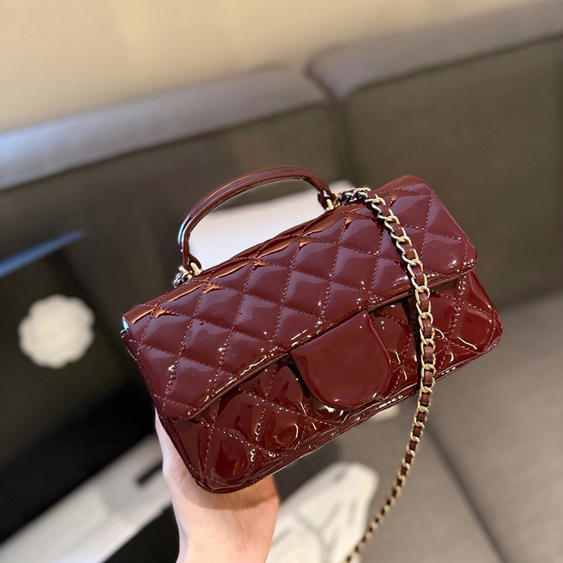 Women Vintage Specular Patent Leather Mini CF Handle Totes Quilted Bags Classic Flap Gold Metal Hardware Matelasse Chain Crossbody Shoulder Handbags 20X12X6CM